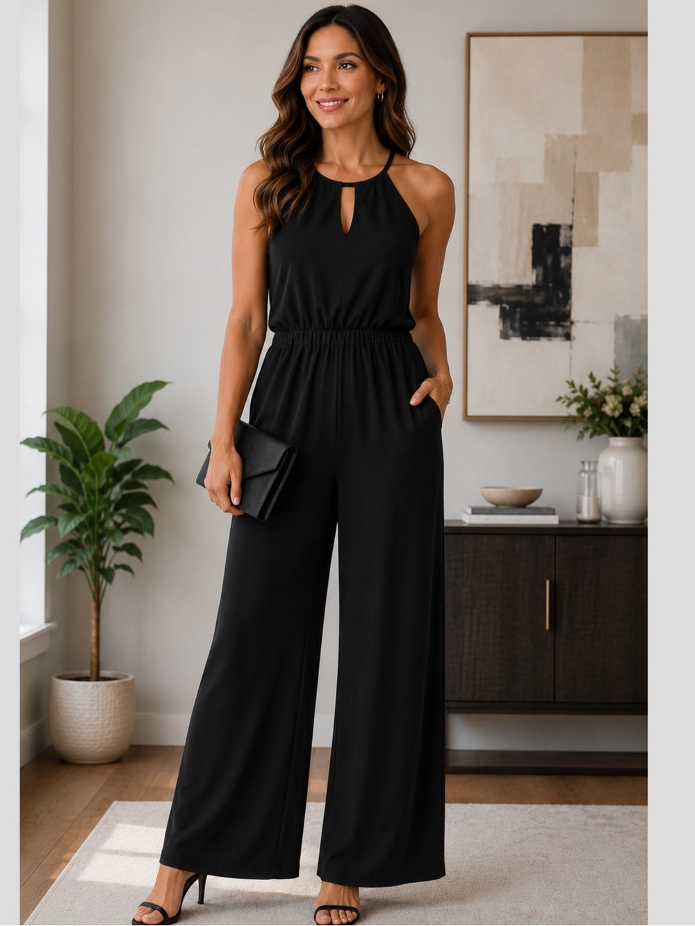 41 Hawthorn Black Halter Neckline Wide Leg Jumpsuit Large Petite stretch keyhole